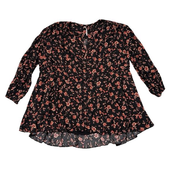 Free People Flower Fields Mini Dress Size Small Black Red Floral Flowy Buttons - Picture 1 of 11